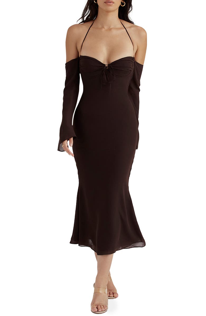 HOUSE OF CB Naomi Cold Shoulder Long Sleeve Halter Midi Dress, Main, color, 