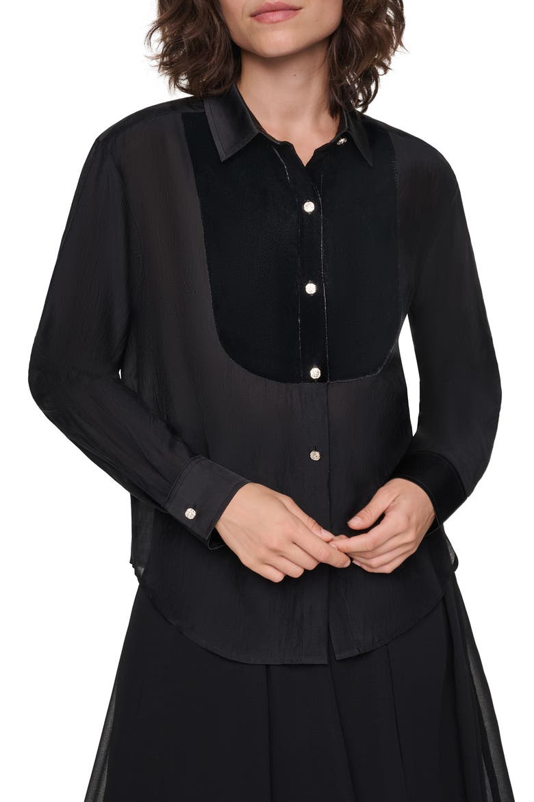 Velvet Bib Button Down Shirt, Main, color, BLACK