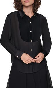 KARL LAGERFELD PARIS Velvet Bib Button Down Shirt