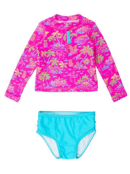 Rufflebutts Toddler Girls Upf50+ Long Sleeve Zipper Rash Guard 2-piece In Neon Island Time