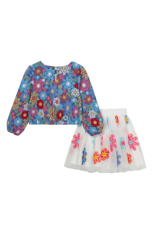 Peek Aren't You Curious Kids' Flower Print Top & Embroidered Tulle Skirt Set In Print