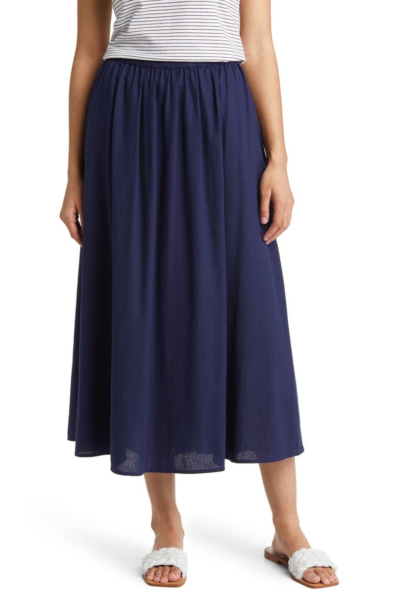 Linen Midi Skirt, Main, color, NAVY PEACOAT
