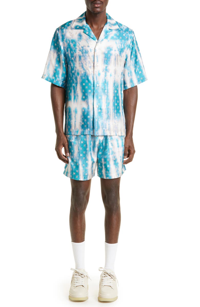 AMIRI Bleach Tie Dye Bandana Logo Print Silk Shorts, Alternate, color,