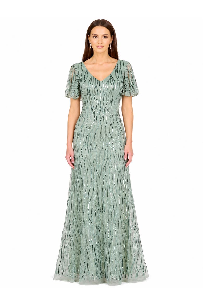 Beaded Faux-Wrap V-Neck Bridal Gown, Main, color, Green Mist