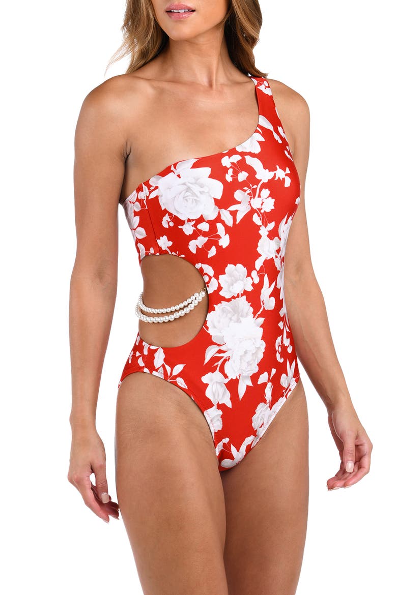 Ava Ikebana One-Shoulder Cutout One-Piece Swimsuit, Alternate, color, ROUGE