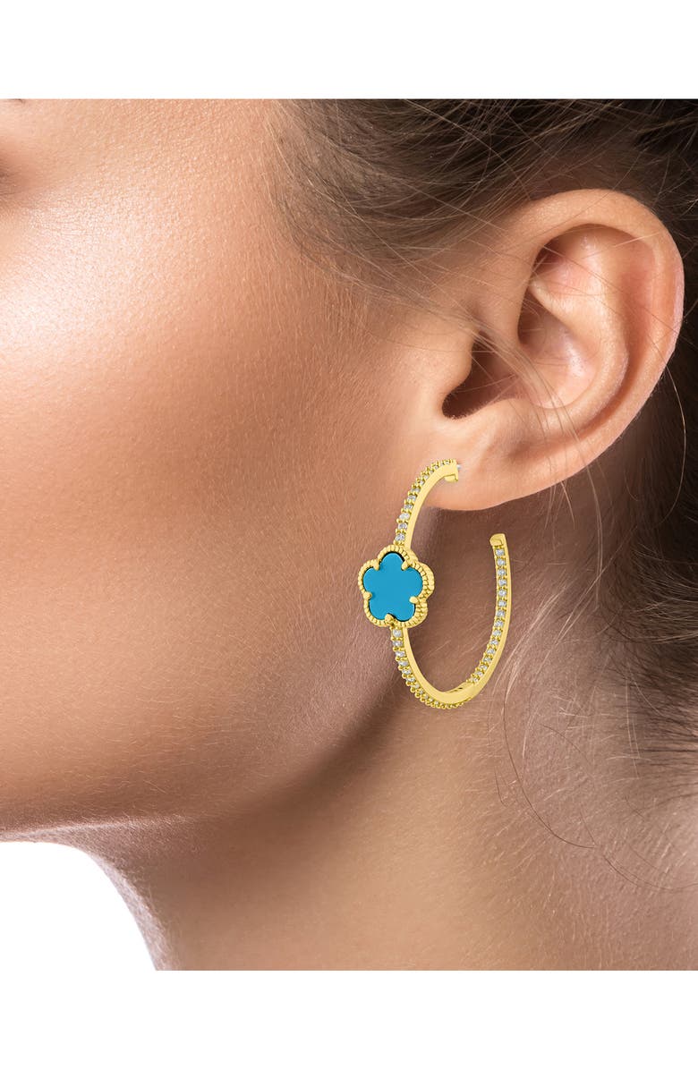 CZ by Kenneth Jay Lane Pavé Clover Hoop Earrings, Alternate, color, Turquoise/ Gold