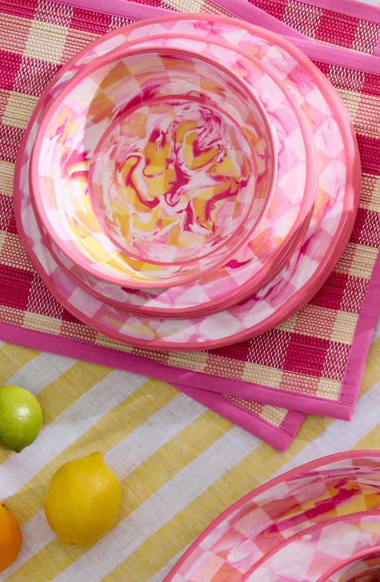 MACKENZIE CHILDS Set of 4 Pink Marble Check Melamine Salad Plates, Alternate, color, Pink