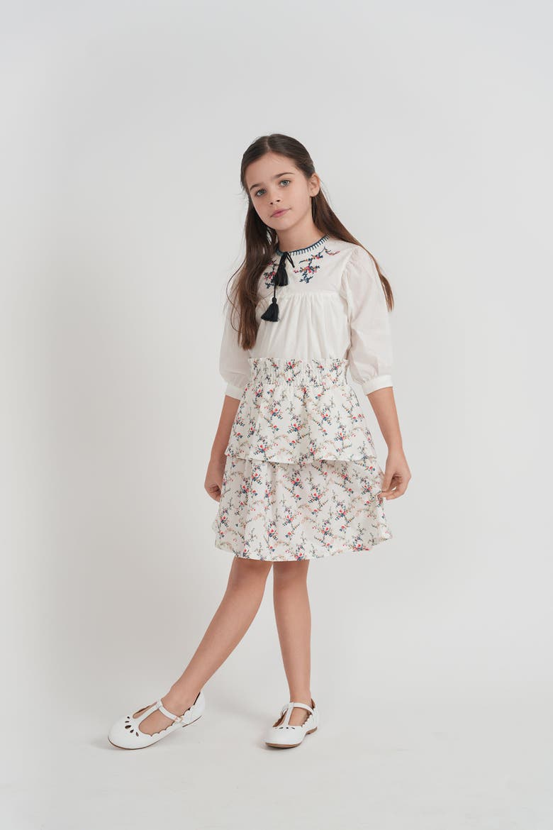 Floral Emboidered Woven Long Sleeve Top and Skirt Set, Alternate, color, White