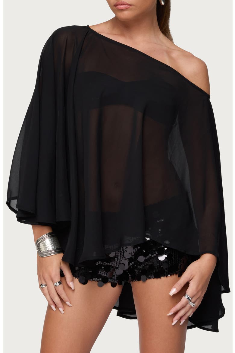 Sheer Chiffon One-Shoulder Poncho, Main, color, BLACK