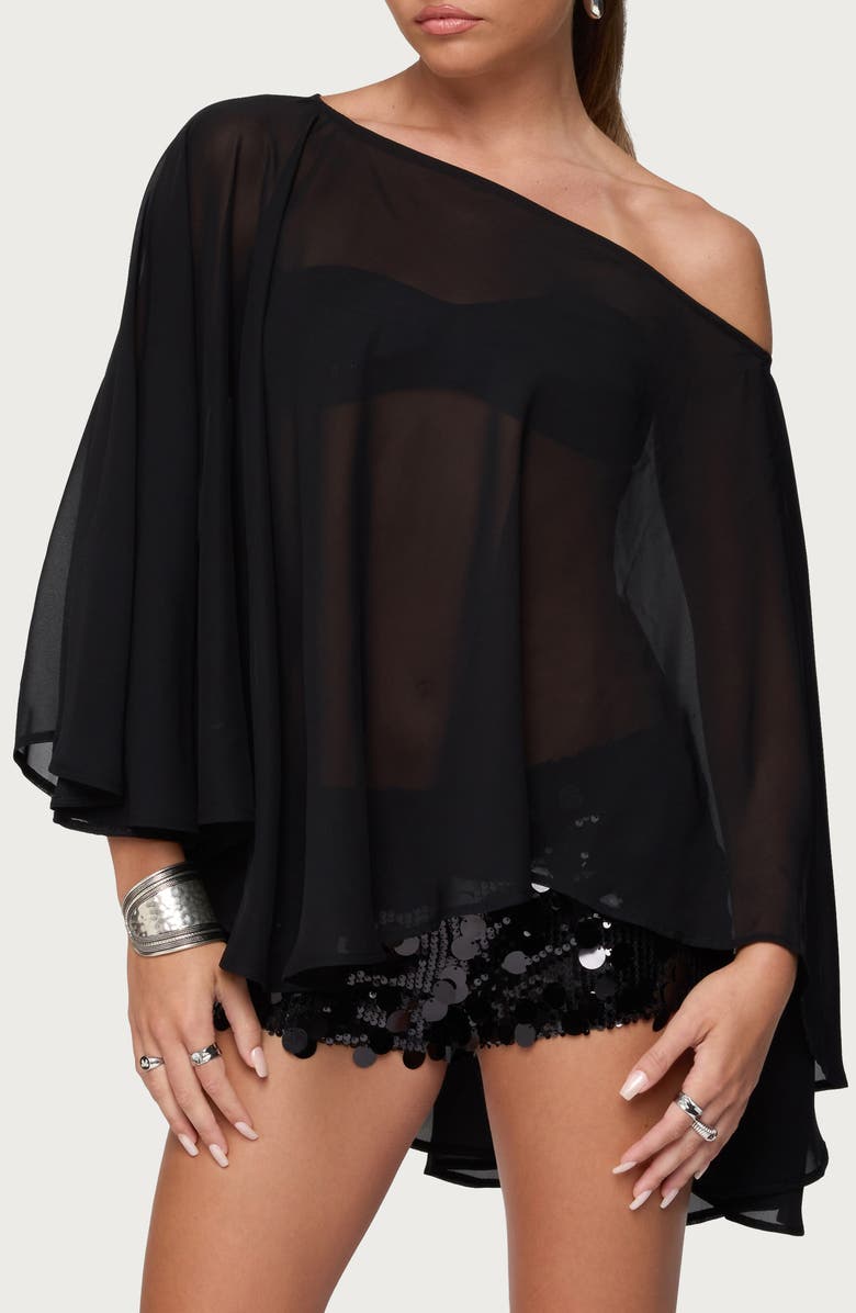 EDIKTED Sheer Chiffon One-Shoulder Poncho, Main, color, Black