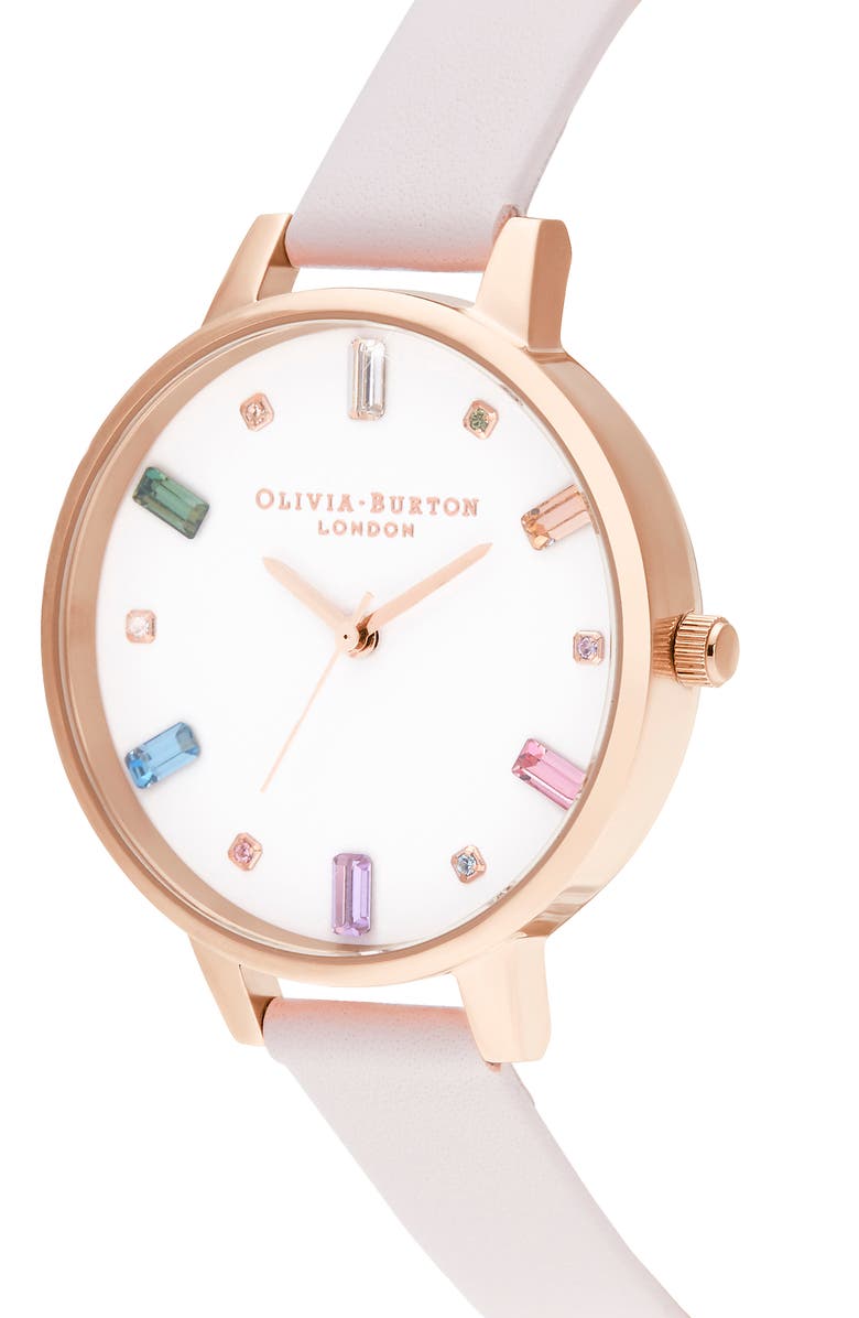 Olivia Burton Rainbow Stone Leather Strap Watch, 34mm, Alternate, color, 
