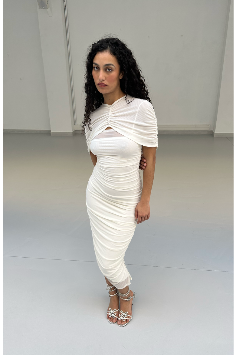 Zola Mesh Cape Midi Dress, Alternate, color, Cream