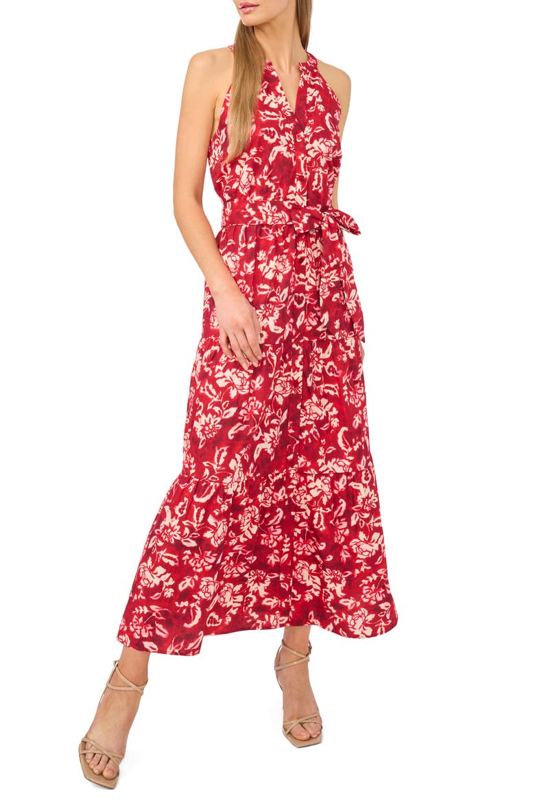 Floral Sleeveless Tiered Cotton Maxi Dress, Main, color, LAVA RED