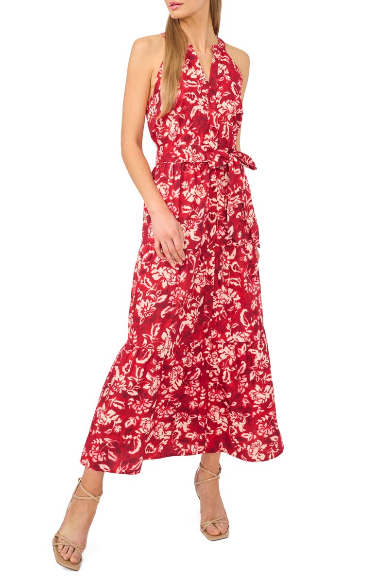 Halogen<sup>®</sup> Floral Sleeveless Tiered Cotton Maxi Dress, Main, color, Lava Red