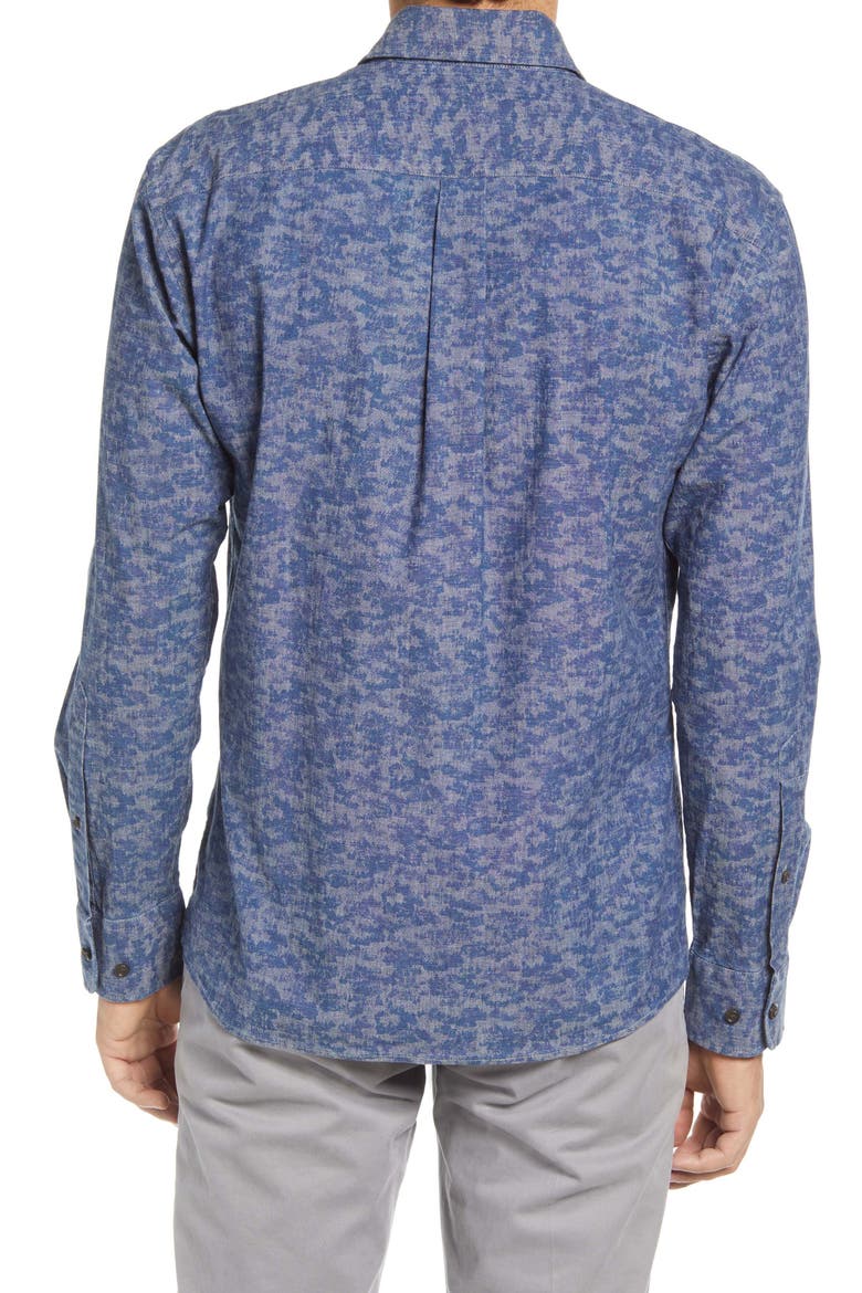 Fir Camo Cotton Chambray Long Sleeve Button-Up Shirt, Alternate, color, INDIGO