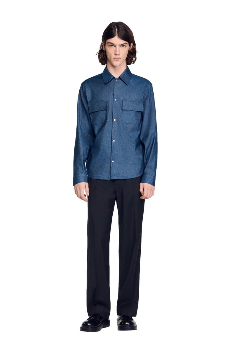 SANDRO Denim-effect cotton and linen shirt, Alternate, color, Blue Vintage - Denim