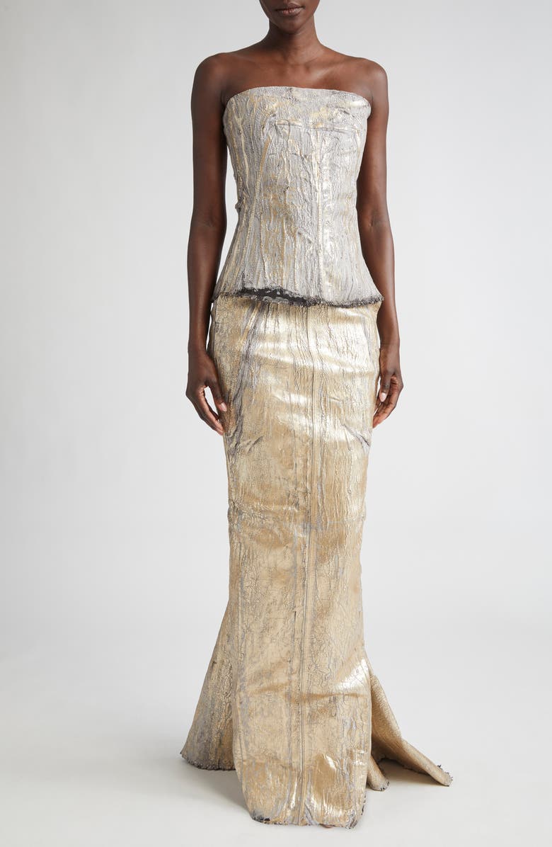Rick Owens Gonna in Lido Coated Metallic Denim Skirt, Alternate, color, Gold