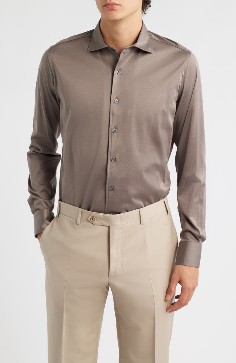 Canali Regular Fit Cotton Jersey Dress Shirt, Main, color, Brown