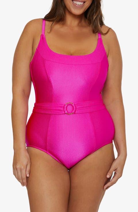 Monte Carlo Belted Rib One-Piece Swimsuit (Plus)