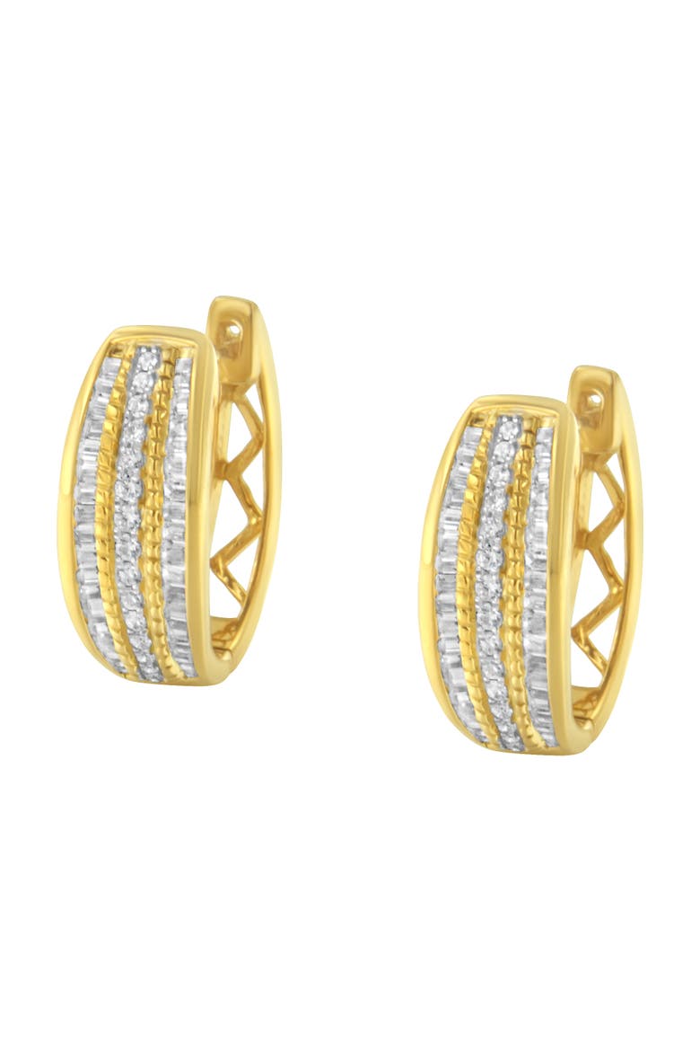 10K Yellow Gold 3/4 Ct Pave and Channel Diamond Triple Row Modern Hoop Earrings, Alternate, color, Yellow