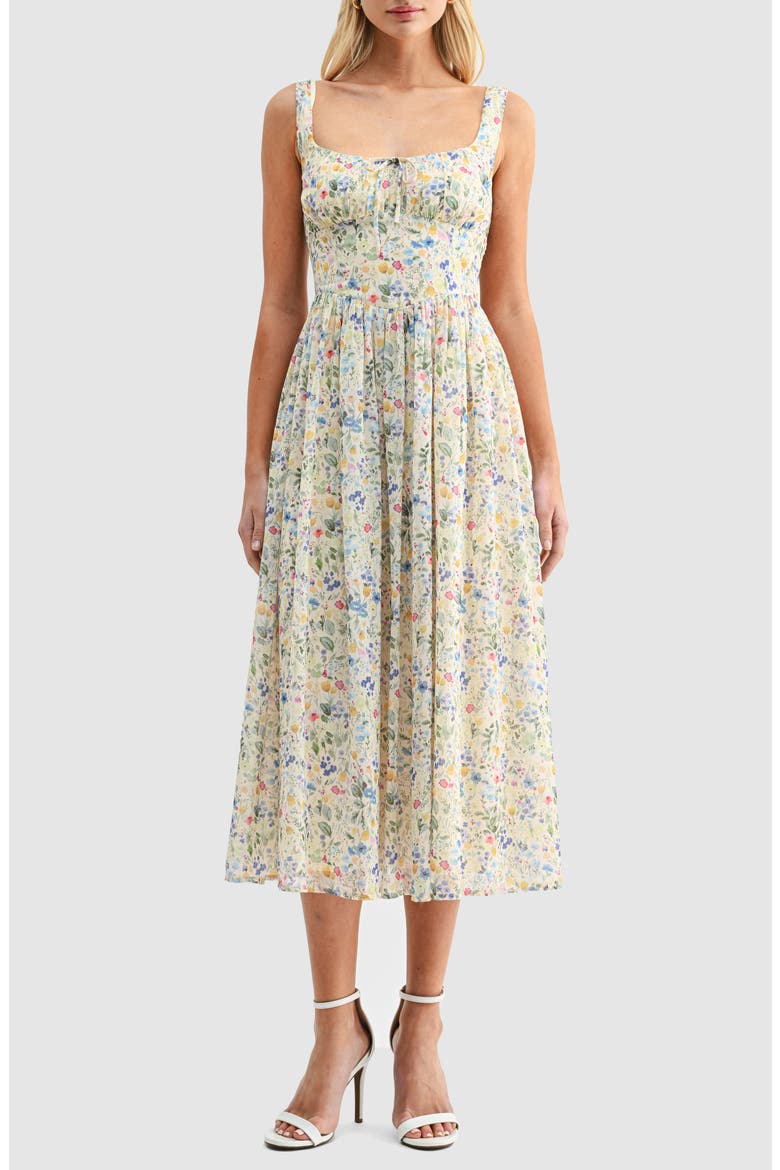 Floral Fit & Flare Midi Sundress, Main, color, YELLOW BLUE FLORAL