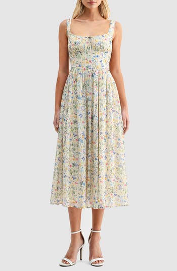 white long flowy dress Floaty, floral summer midi dress with pockets, cotton beach dress. Cotton midi  dress main image 1