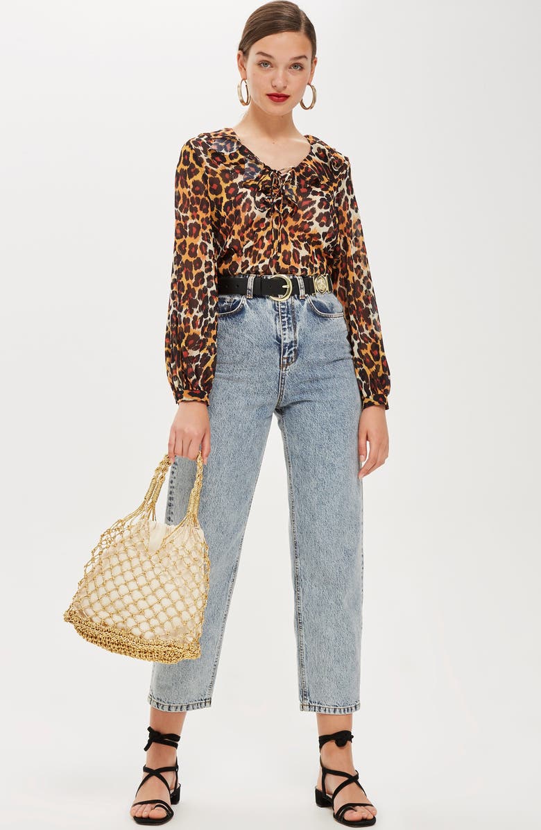 Topshop Leopard Print Ruffle Blouse, Alternate, color, 