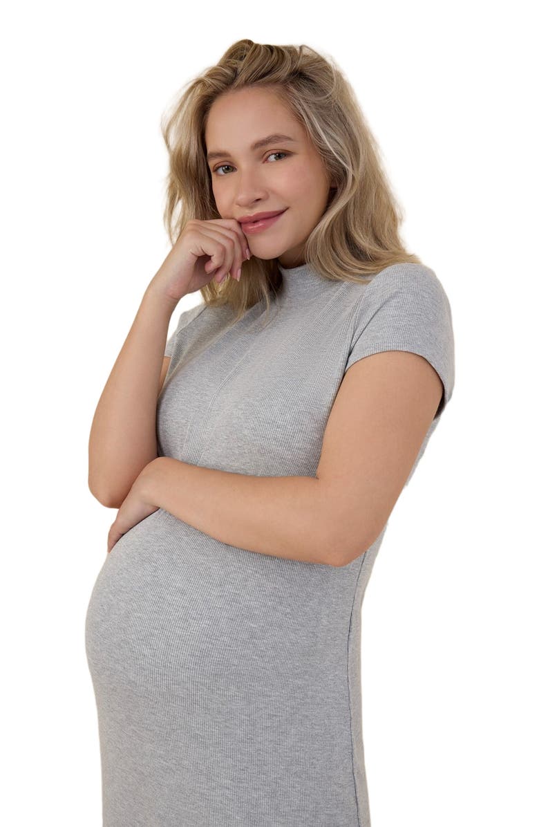 MOTHERHOOD MATERNITY Mock Neck Short Sleeve Ribbed Maternity Midi Dress, Alternate, color, Heather Grey