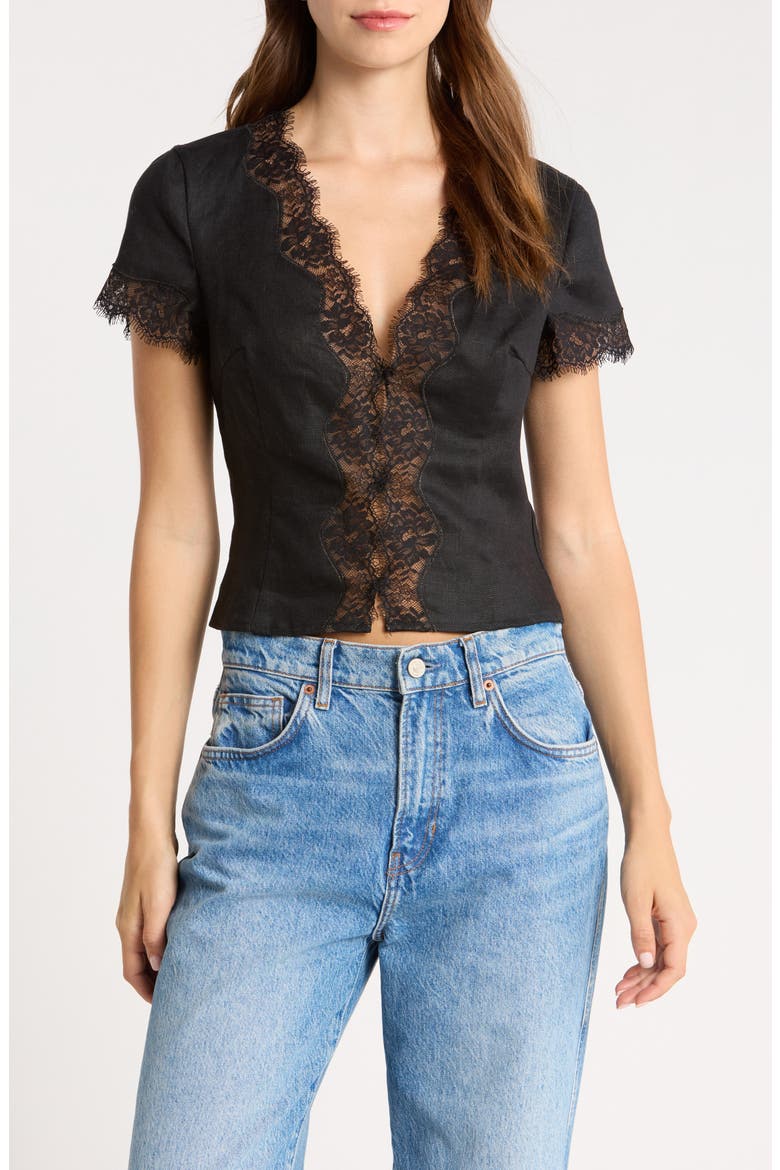 Brynn Lace Trim Linen Crop Top, Main, color, BLACK