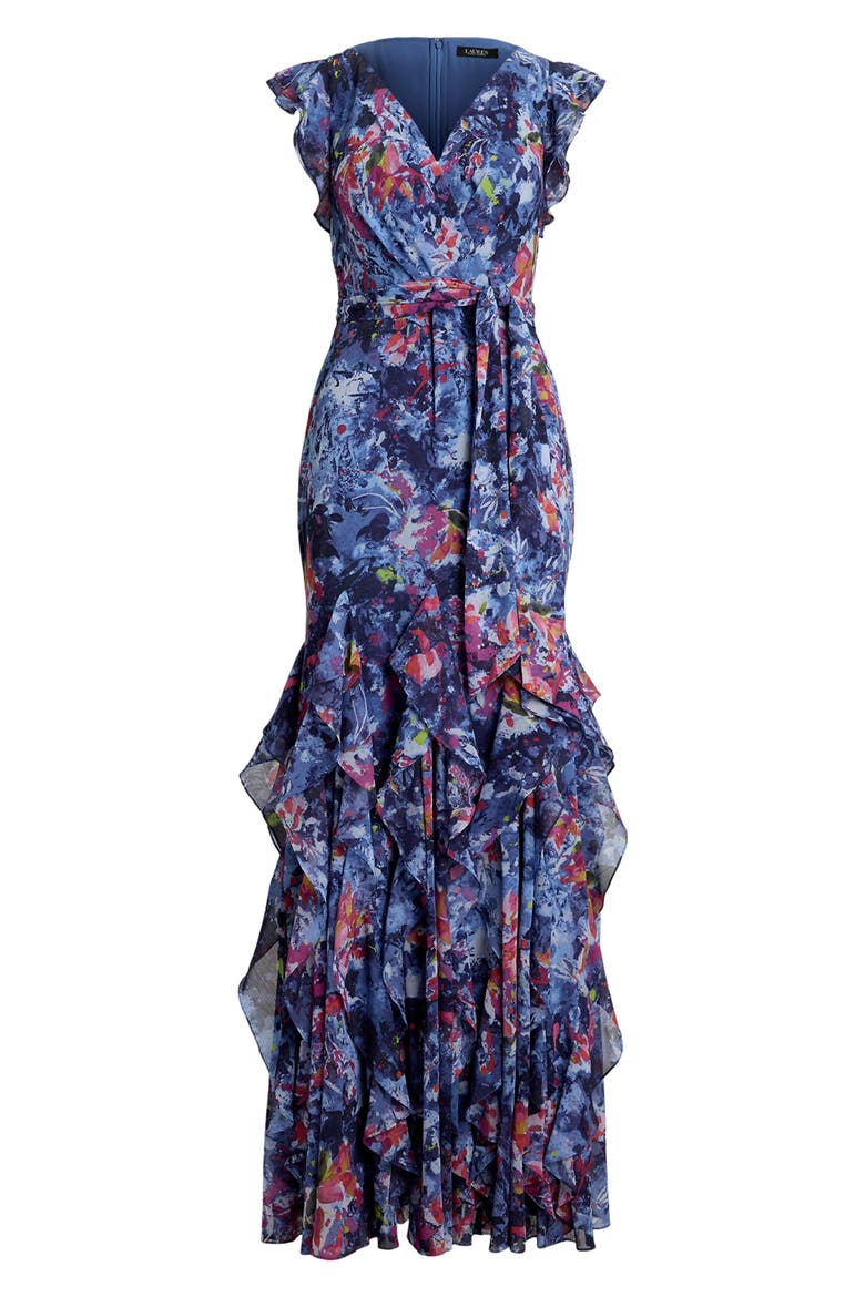 Abstract Floral Ruffle Detail Crinkle Georgette Gown, Alternate, color, BLUE MULTI