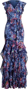 Lauren Ralph Lauren Abstract Floral Ruffle Detail Crinkle Georgette Gown