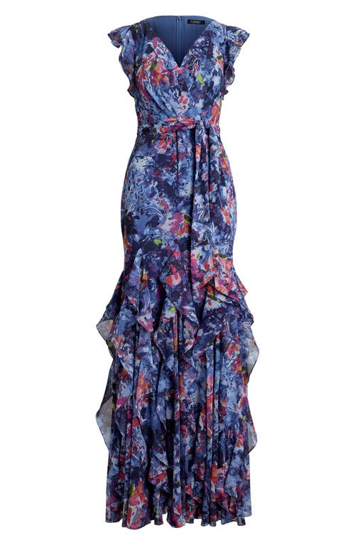 Ralph Lauren Print Ruffle-trim Crinkle Georgette Gown In Blue
