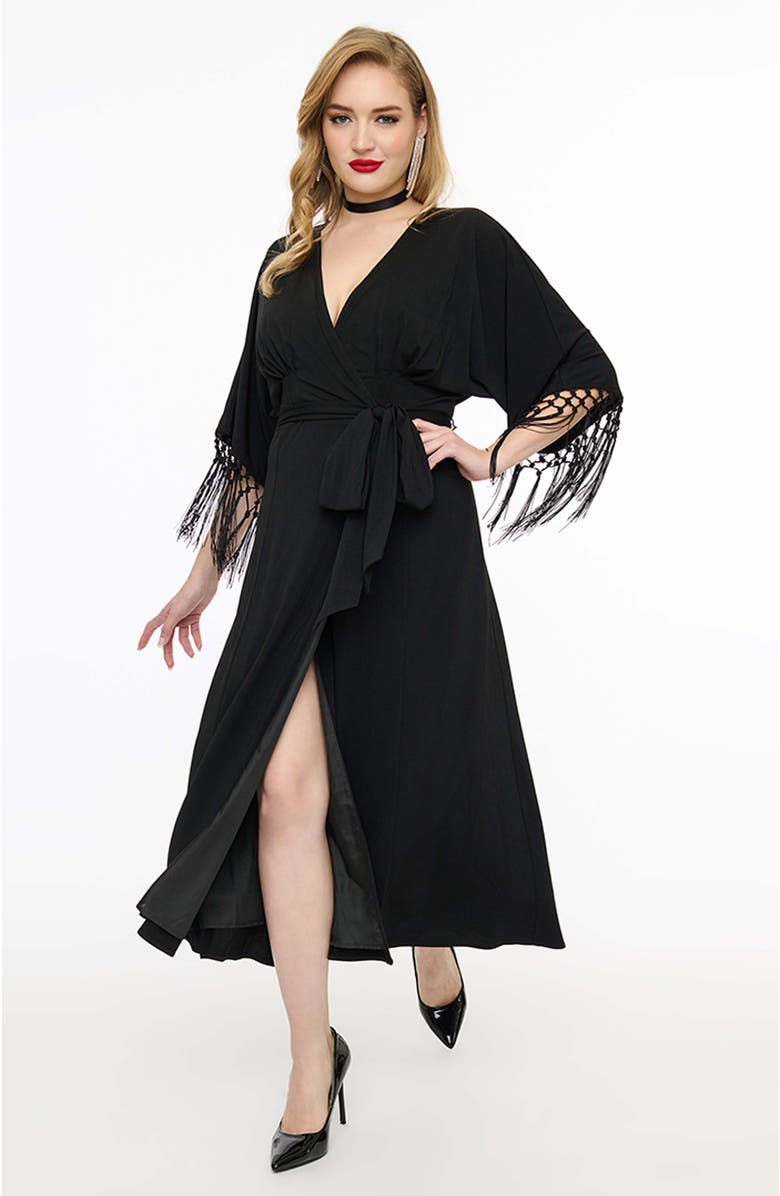 Unique Vintage Tie Wrap Surplice Midi Dress, Main, color, Black