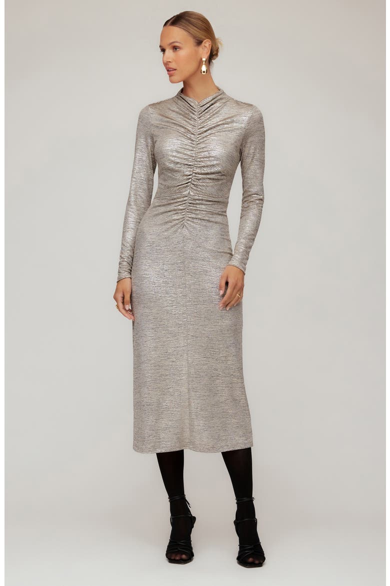Selena Foil Knit Ruched Long Sleeve Midi Dress, Alternate, color, GOLD DUST