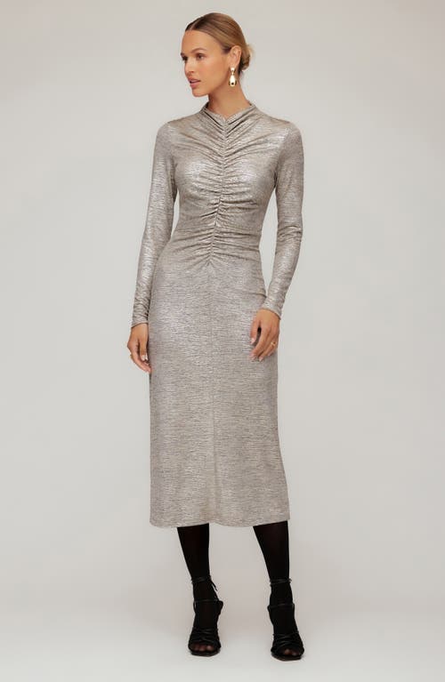 Fifteen Twenty Selena Foil Knit Ruched Long Sleeve Midi Dress In Gray