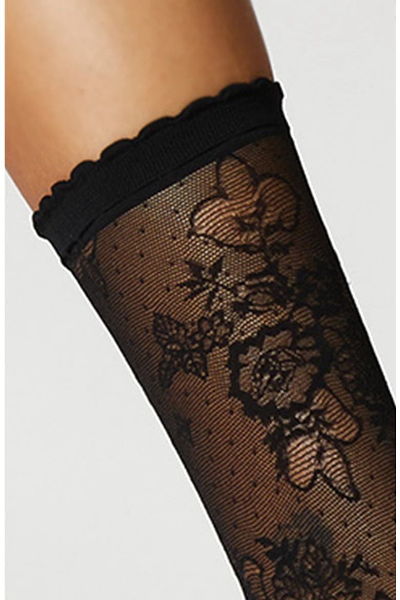 Margaux Floral Lace Crew Socks, Alternate, color, BLACK