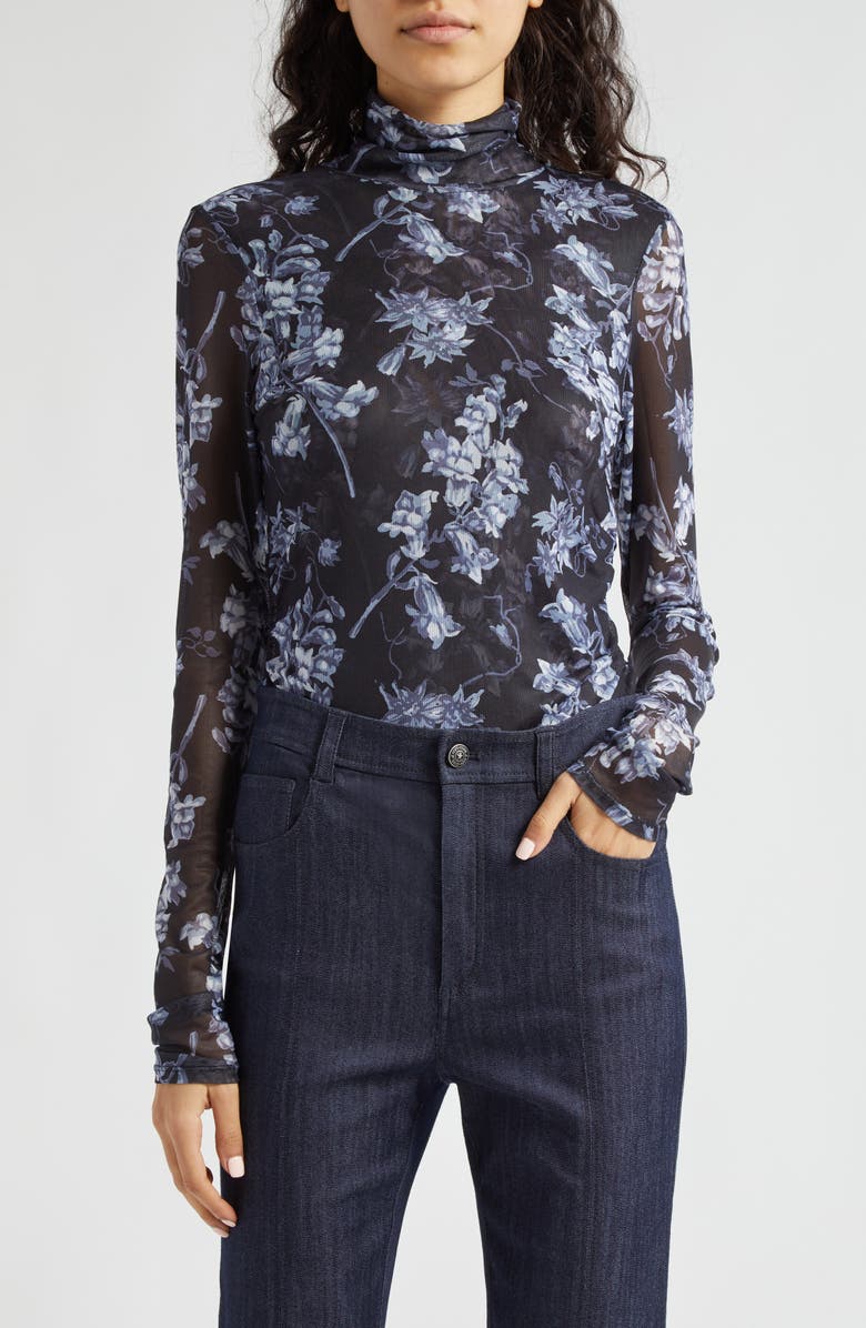 Cinq à Sept Coastal Floral Long Sleeve Mesh Top, Main, color, 