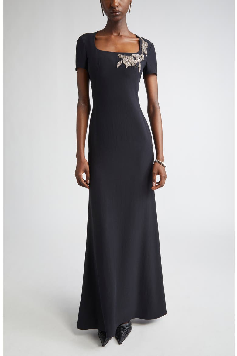 Banshee Embroidery Leaf Crepe Gown, Main, color, BLACK