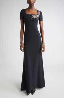 Banshee Embroidery Leaf Crepe Gown