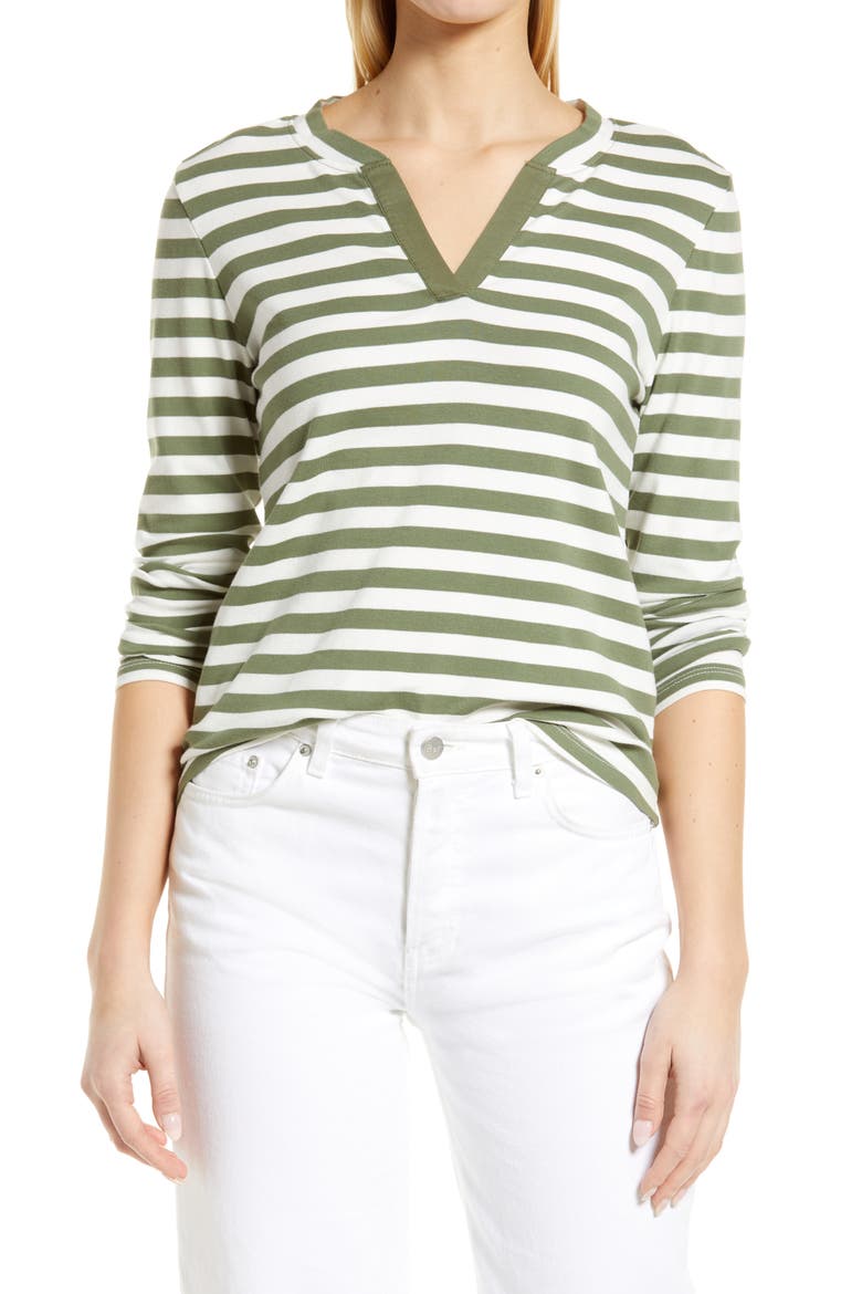 Stripe Split Neck Long Sleeve T-Shirt, Main, color, GREEN-IVORY CHARM STRIPE