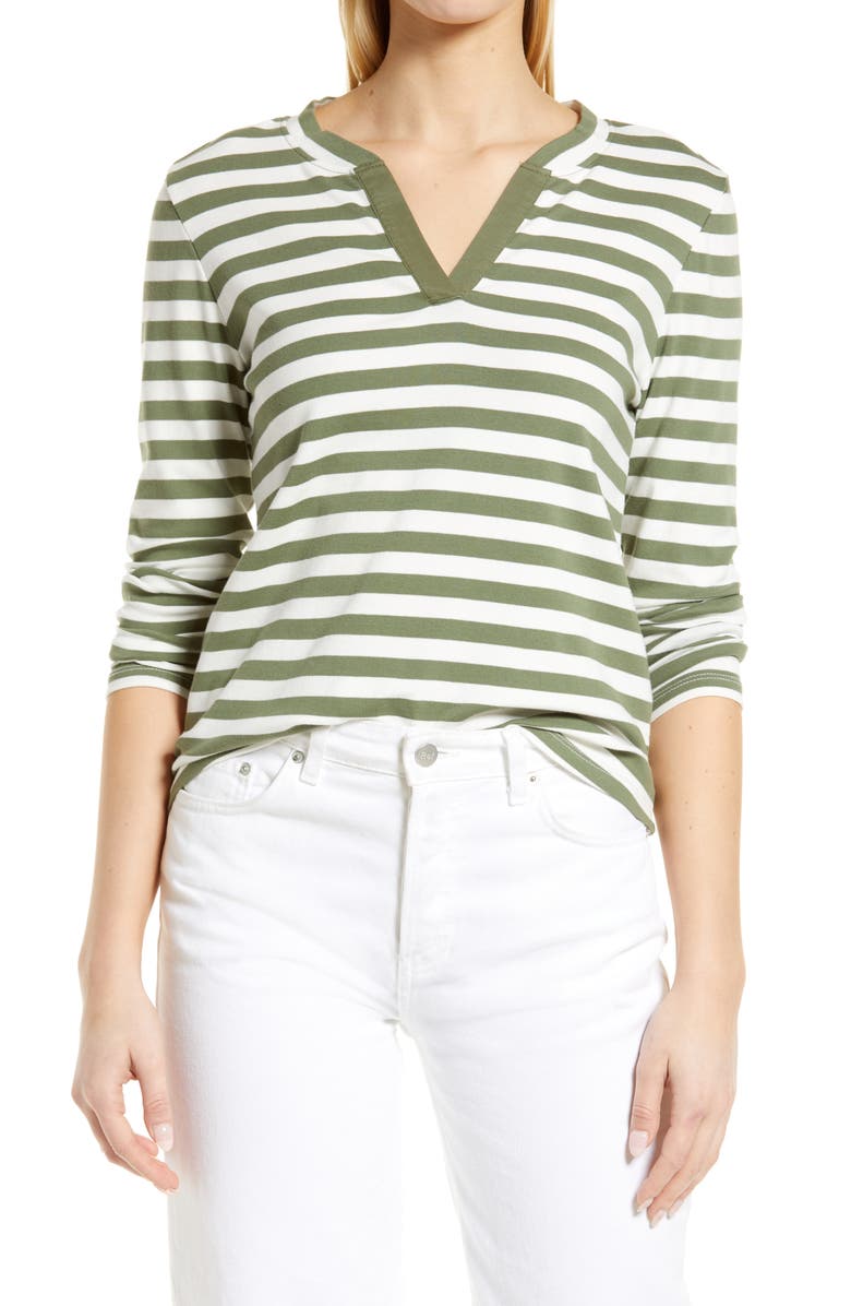 Caslon<sup>®</sup> Stripe Split Neck Long Sleeve T-Shirt, Main, color,