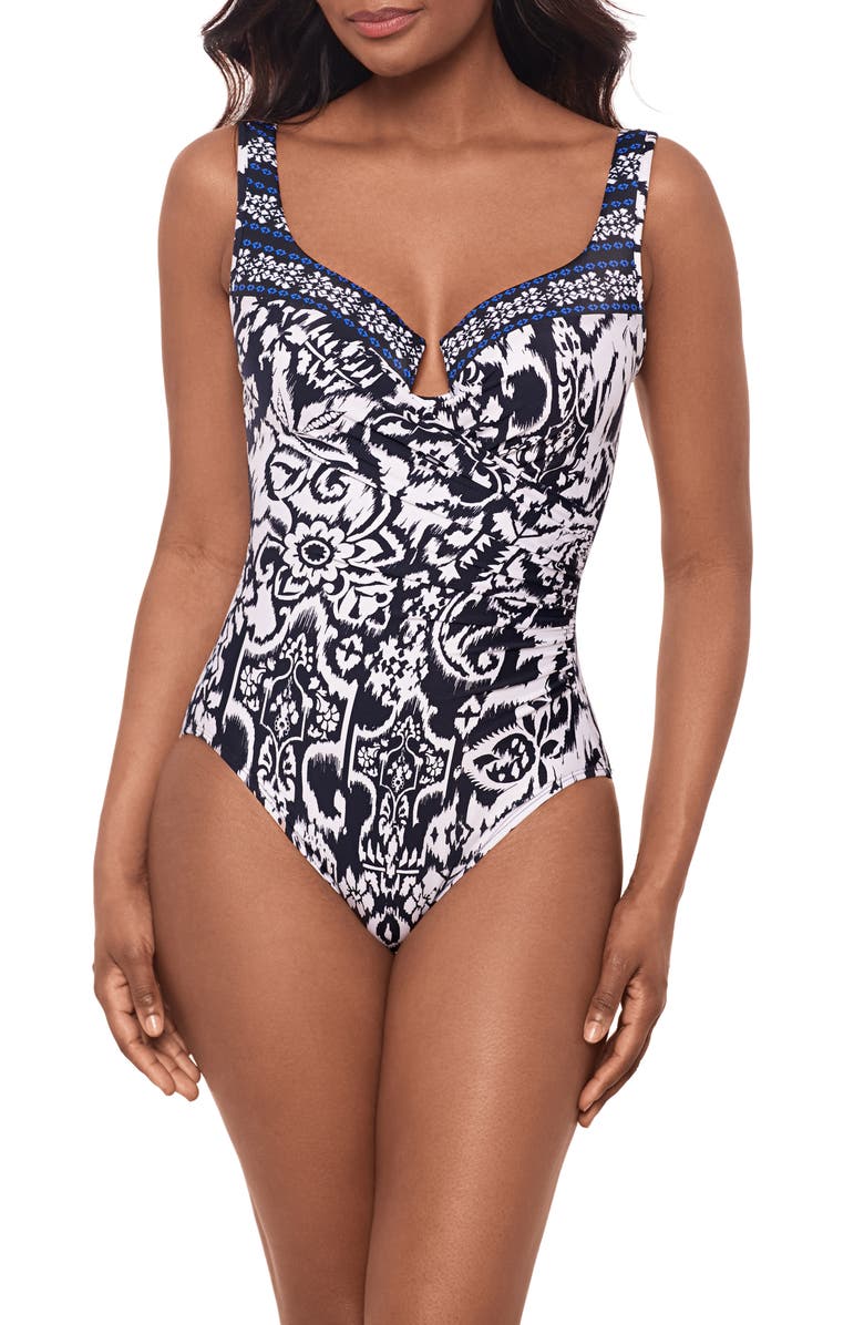 Miraclesuit<sup>®</sup> Talavera Escape Mixed Print One-Piece Swimsuit, Main, color, Midnight Blue/ White