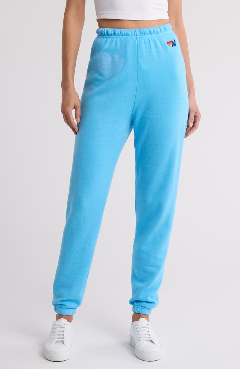 Aviator Nation Glitter Heart Sweatpants, Main, color, Sky/ Blue