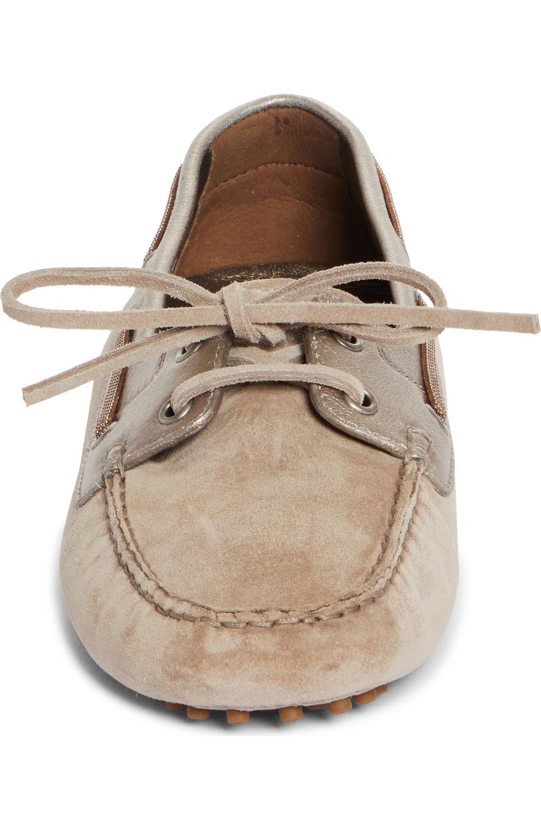 Brunello Cucinelli Monili Trim Metallic Leather & Suede Driving Shoe, Alternate, color,