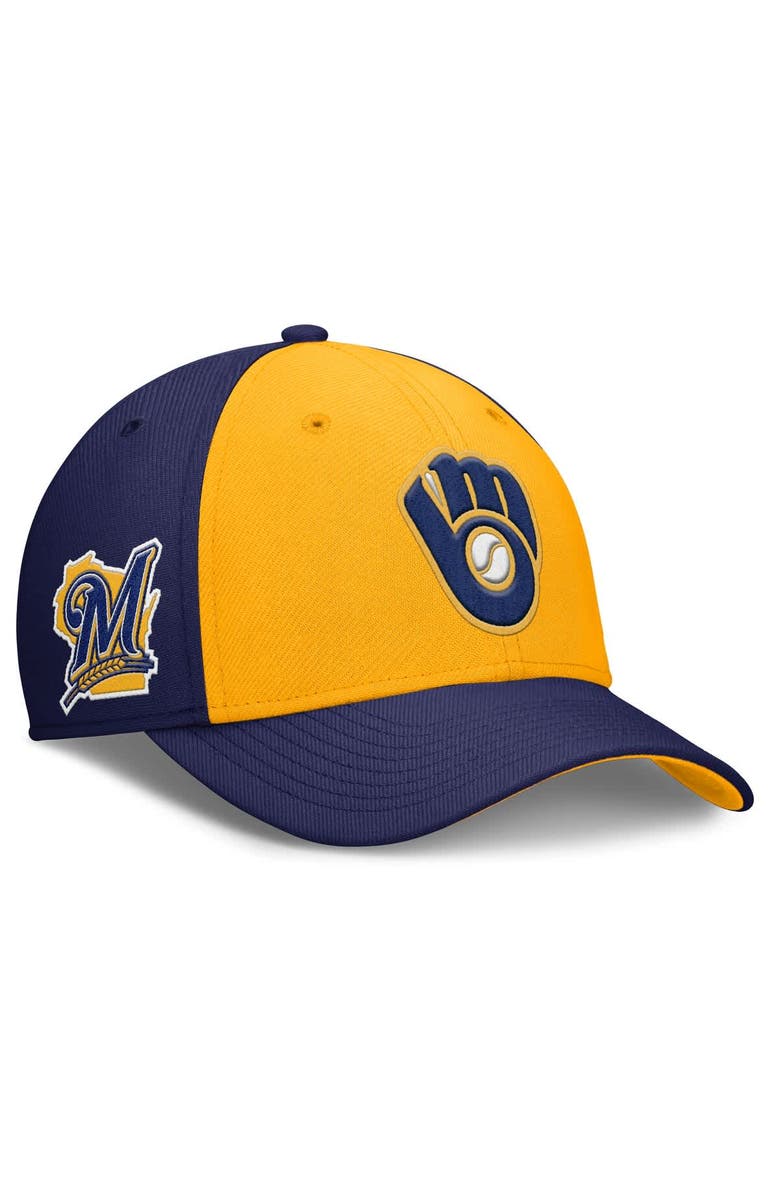 Nike Men's Nike Navy/Gold Milwaukee Brewers Rise Swoosh Performance Flex Hat, Alternate, color, 