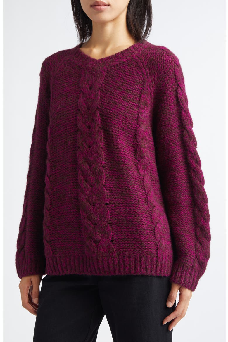 Eiderdown Alpaca Blend Cable Sweater, Alternate, color, MAROON