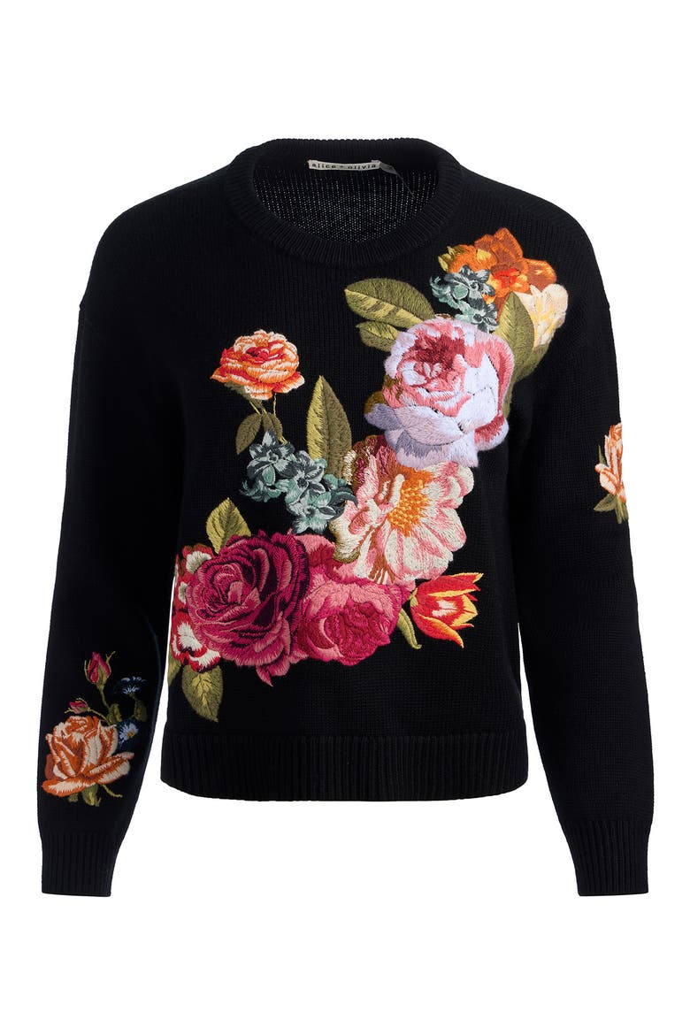 Belva Embroidered Floral Wool Blend Sweater, Alternate, color, BLACK MULTI