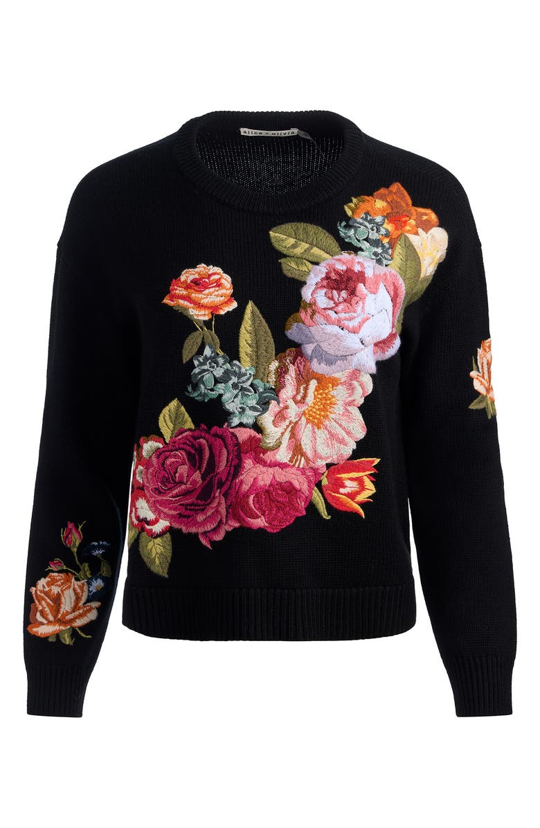 Alice + Olivia Belva Embroidered Floral Wool Blend Sweater, Alternate, color, 