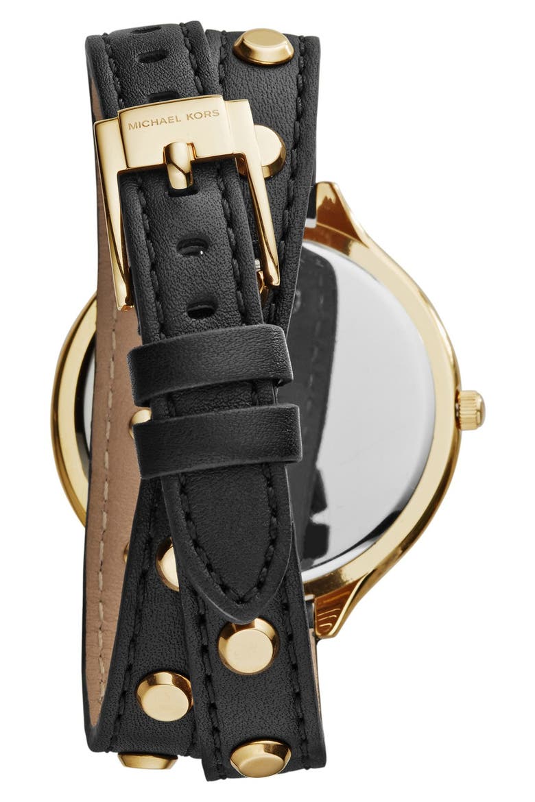 'Slim Runway' Double Wrap Leather Strap Watch, 42mm, Alternate, color, BLACK/ GOLD