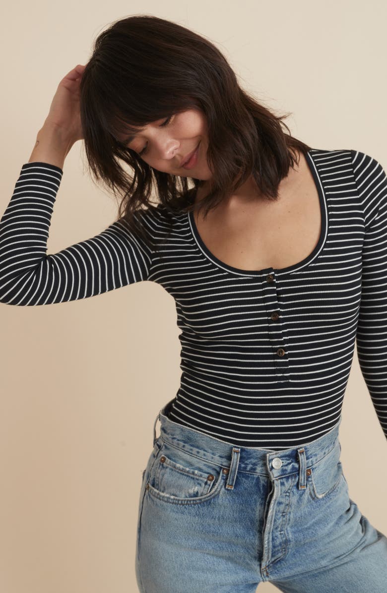 Marine Layer Stripe Ribbed Henley, Alternate, color, Black/ White Stripe Infill